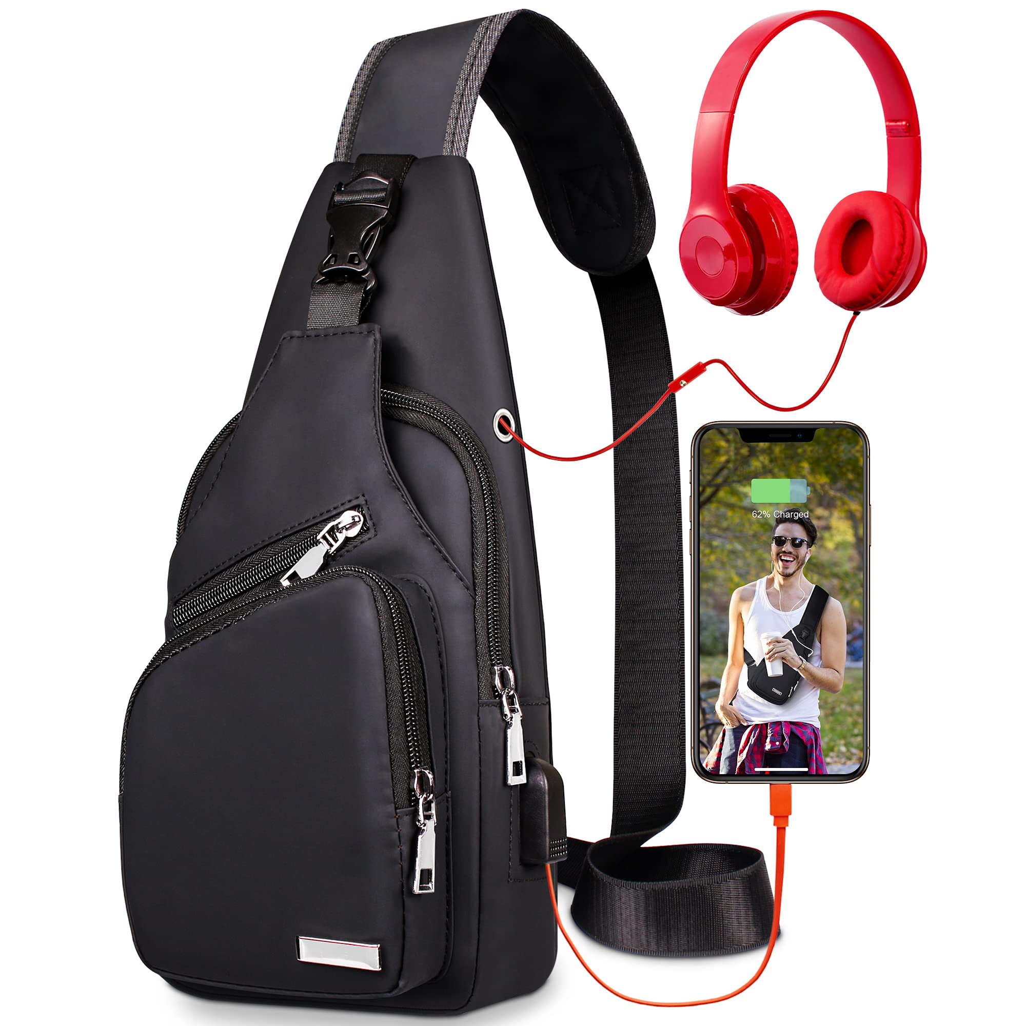 GUSTAVE Cross Body Bag for Men and Boys with Cable Vent, Durable Shoulder Bag with Adjustable Strap One Side Bag for Commuting Travel Outdoor Activities Cycling GUSTAVE Cross Body Bag for Men and Boys with Cable Vent, Durable Shoulder Bag with Adjustable Strap One Side Bag for Commuting Travel Outdoor Activities Cycling